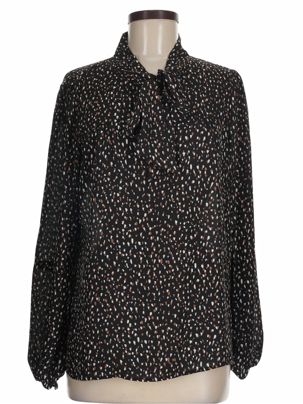 DKNY Black neck tie Blouse with Beige and White Dot Print